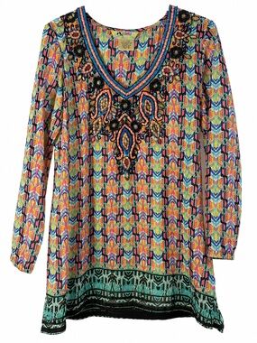 Lucky & Coco Resort Wear Multicolor Beaded V-Neck Tunic Blouse - Women